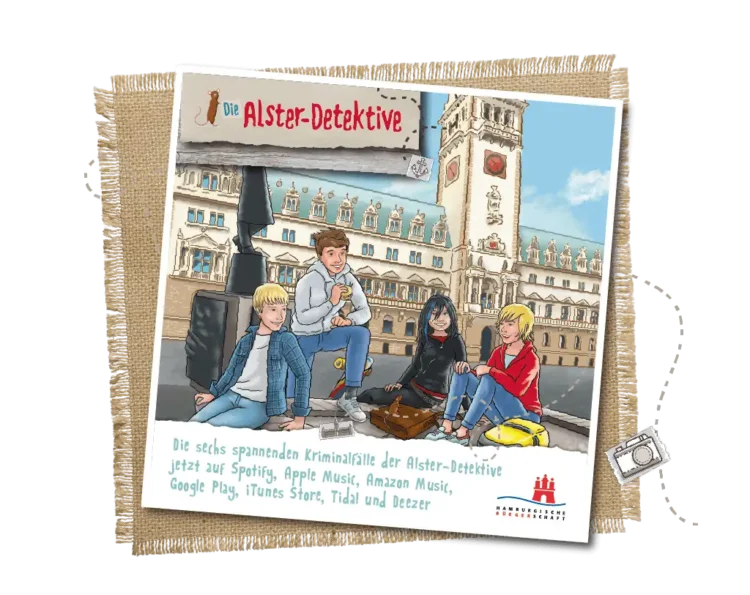 Illustration der vier Alster-Detektive vor dem Hamburger Rathaus