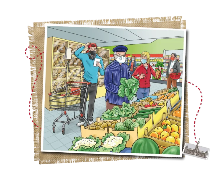 Illustrierte Einkaufsszene aus den Alster-Detektiven mit Menschen mit Masken