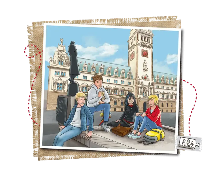Die vier Alster-Detektive auf dem Hamburger Rathausmarkt