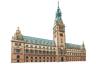 Gezeichnetes Bild des Hamburger Rathauses