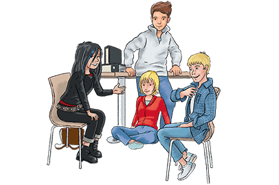 Die vier Hauptcharaktere Johanna, Marek, Lukas und Koko an einem Tisch